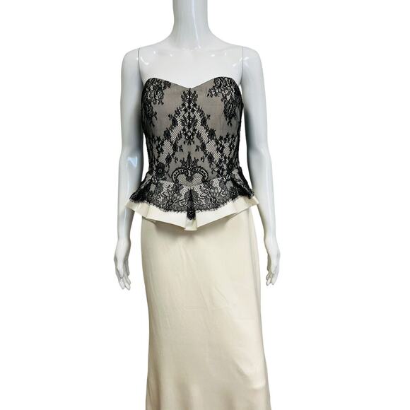 MARCHESA NOTTE Ivory Silk Black Lace Strapless Peplum Waist Maxi Evening Gown 8 - Picture 5 of 6